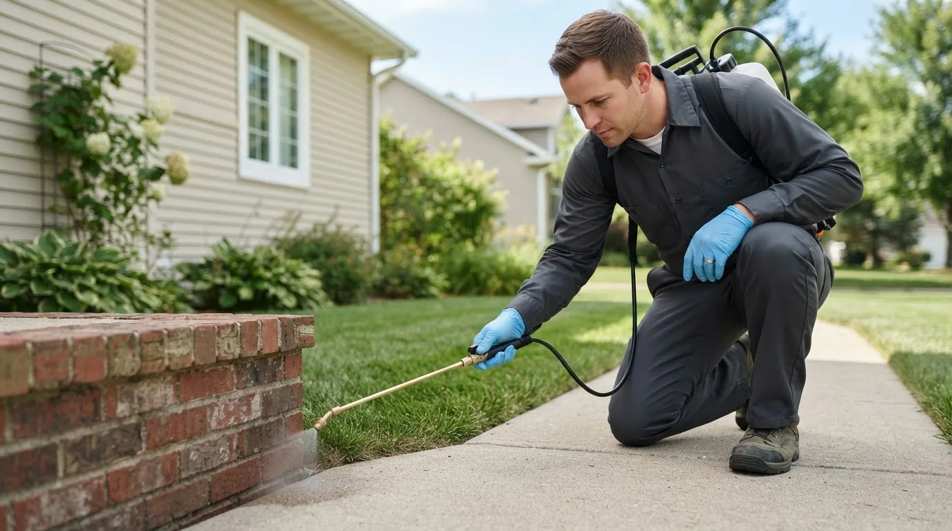 Pest control technician treating a home near Hidalgo, IL