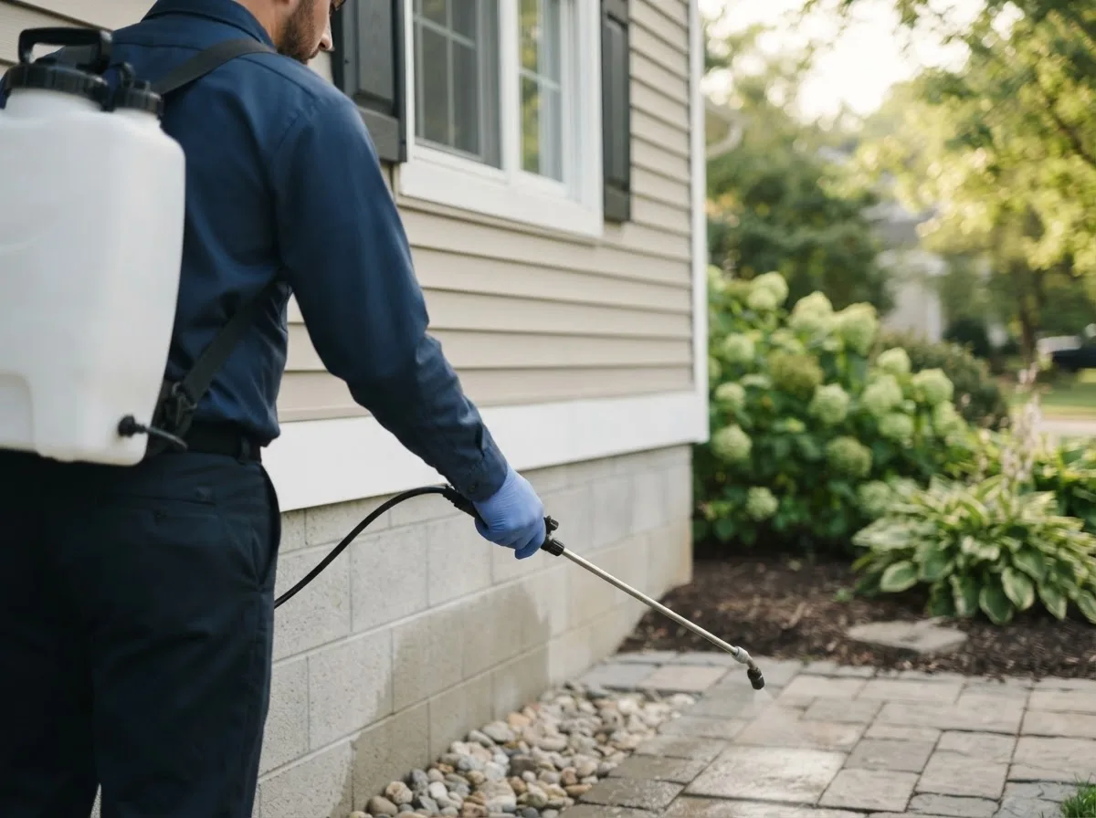 Pest control technician inspecting a home in Hidalgo, IL